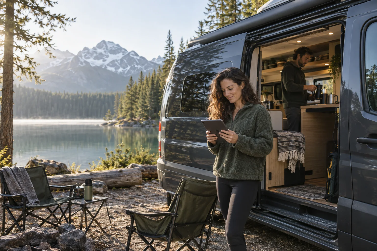 Une propriétaire consulte sa tablette près de son van au bord d’un lac, pendant que son compagnon prépare le départ.
