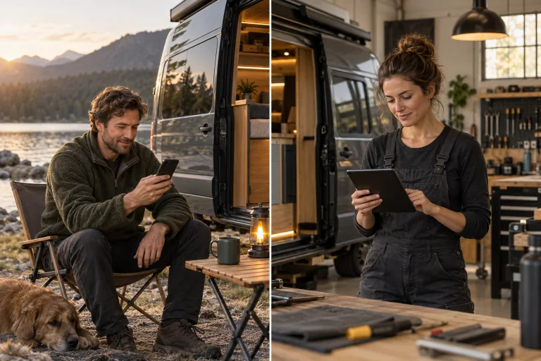 A van owner checks his phone at a lakeside campsite while an installer reviews her tablet in a workshop.