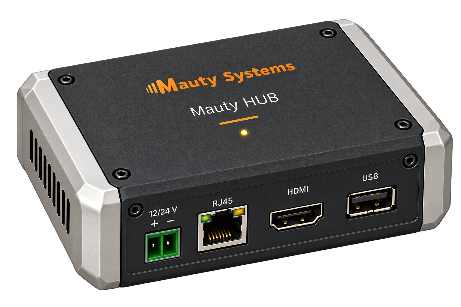 Mauty Hub enclosure concept with a black finish and silver sides, shown in perspective. Design subject to validation.
