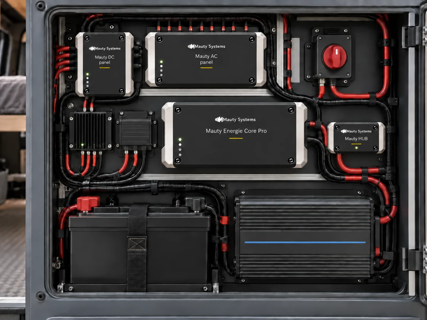 Mauty unit cleanly installed in the electrical compartment of an off-grid camper van