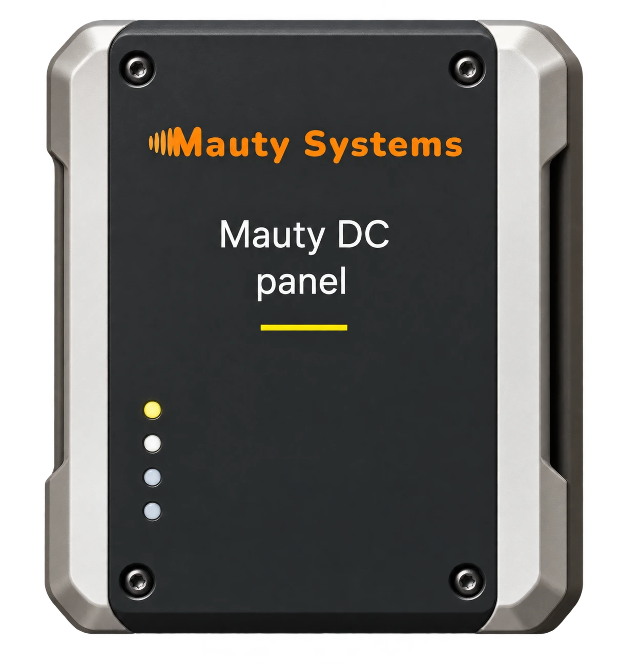 Vertical Mauty DC Panel enclosure with the official Mauty logo, silver sides and status indicators