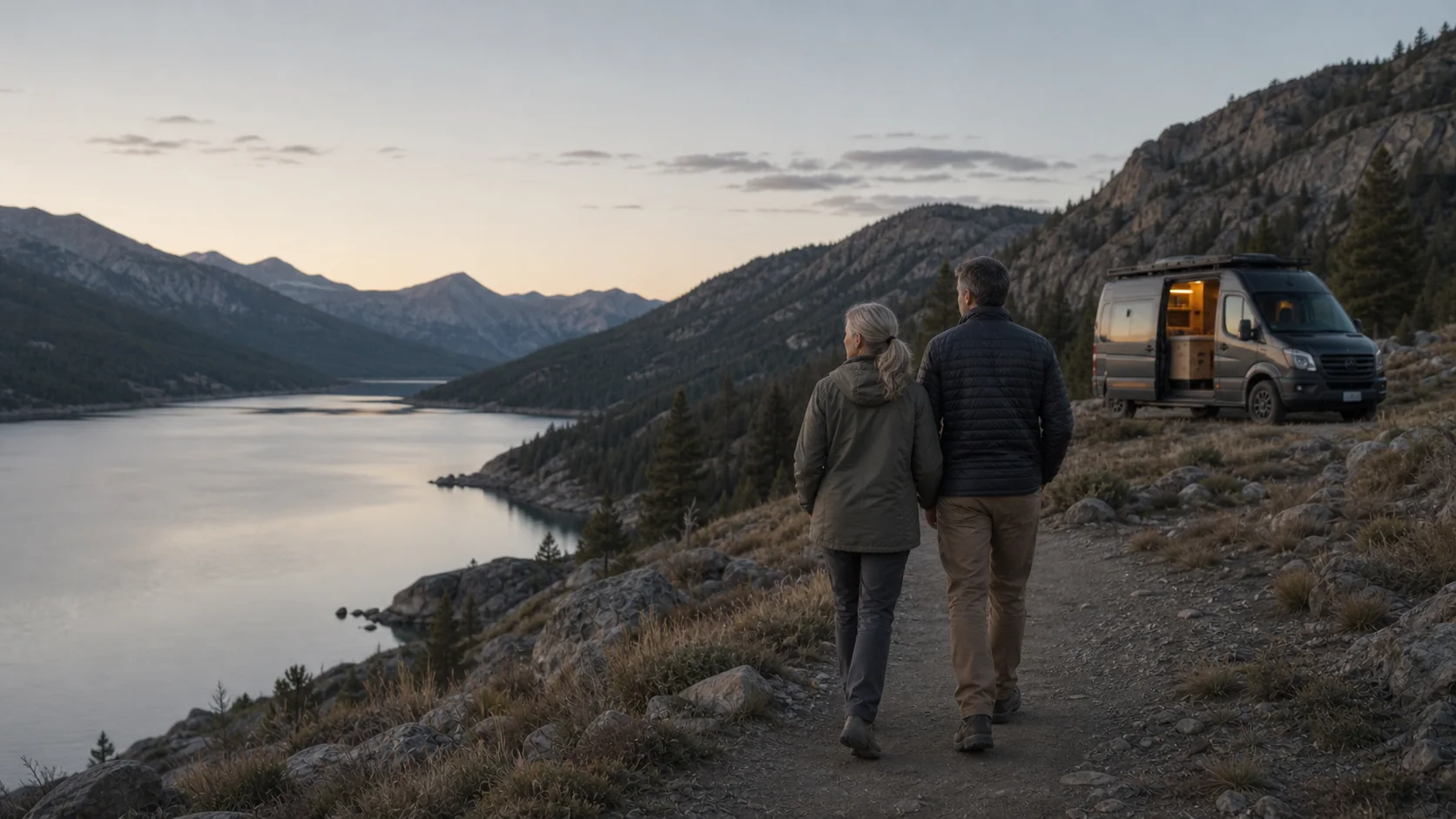 A couple enjoys sunrise beside their van and its integrated installation