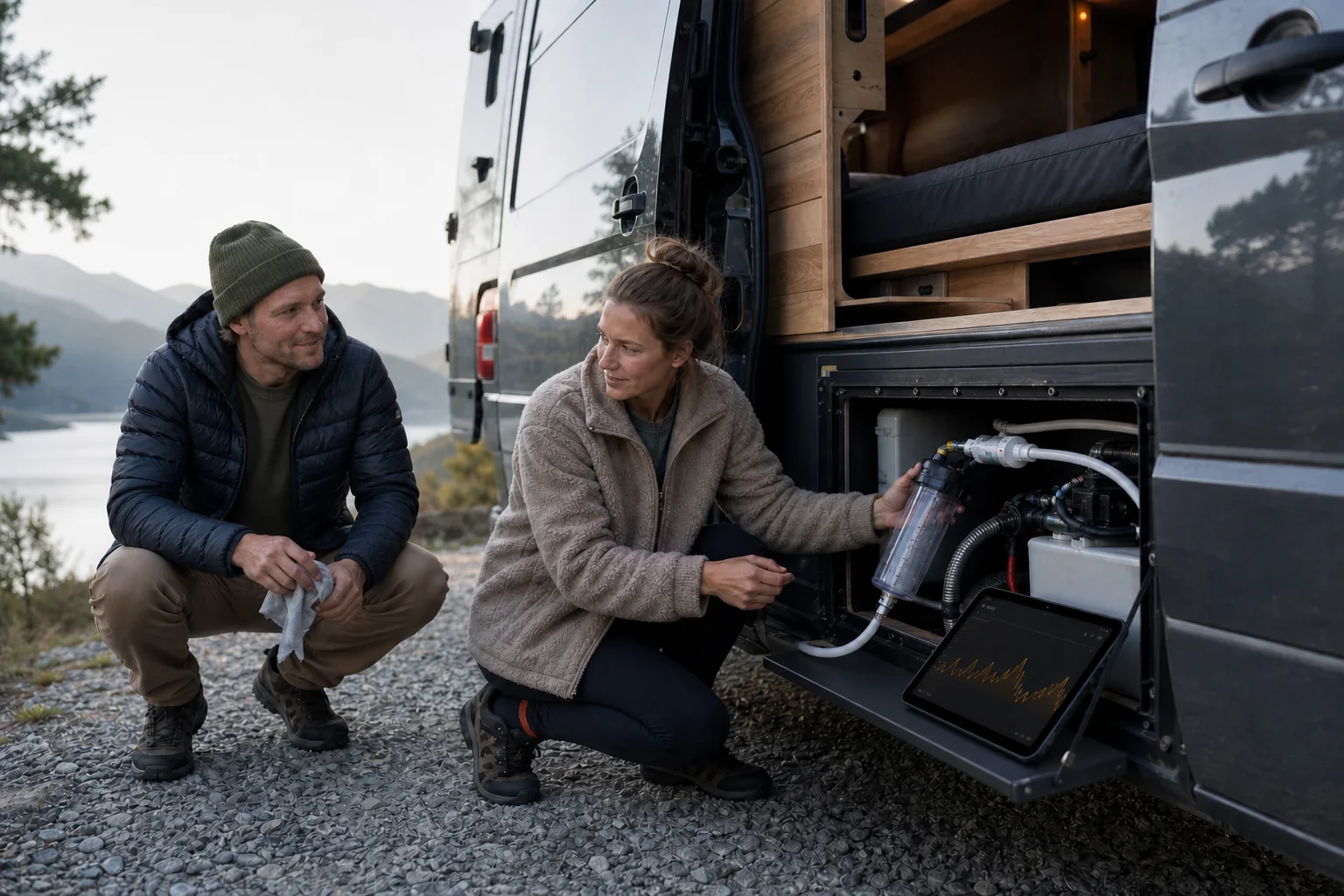 A couple checks their van’s water filter with a tablet