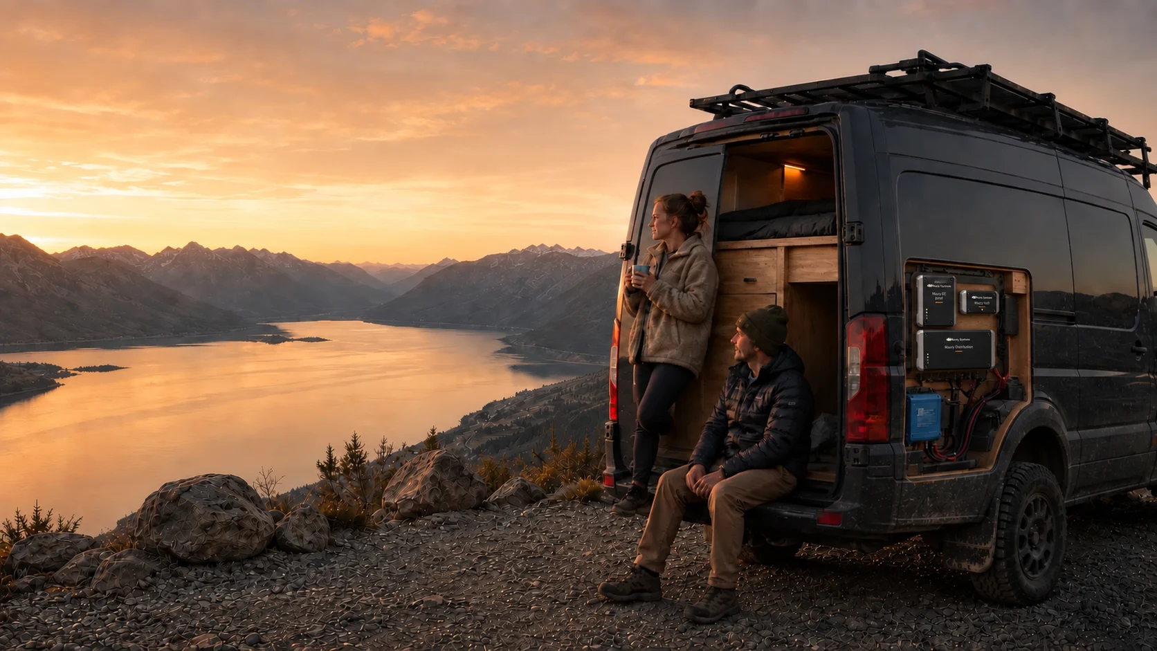 A couple overlooks a mountain lake beside their Mauty-equipped van