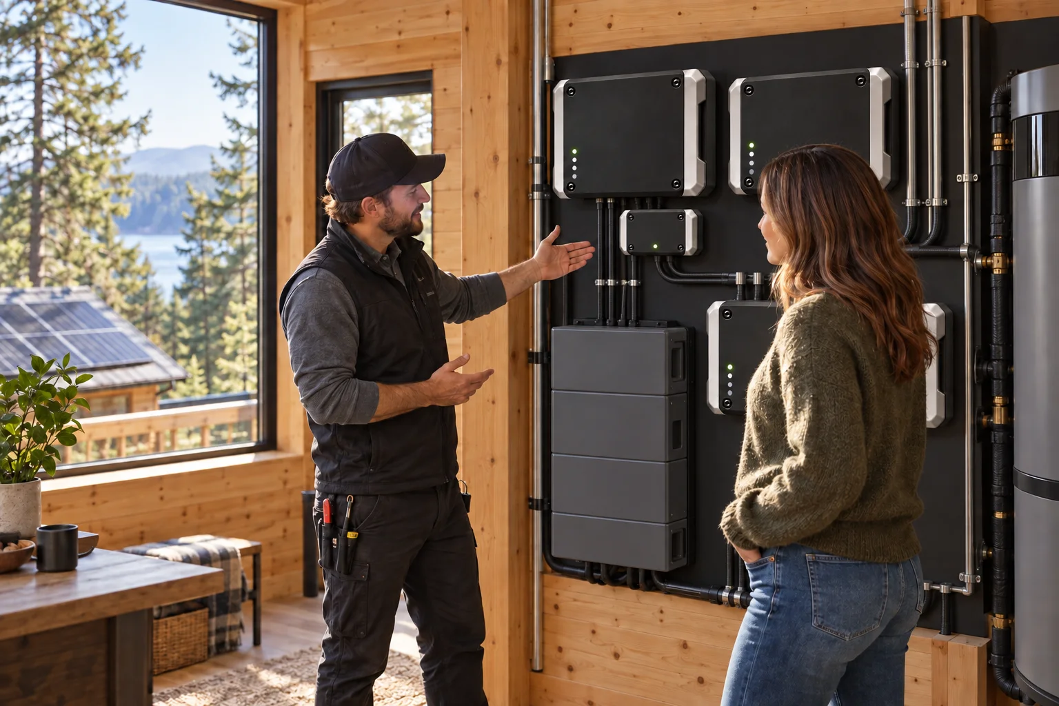 An installer presents an autonomous cabin utility wall to its owner