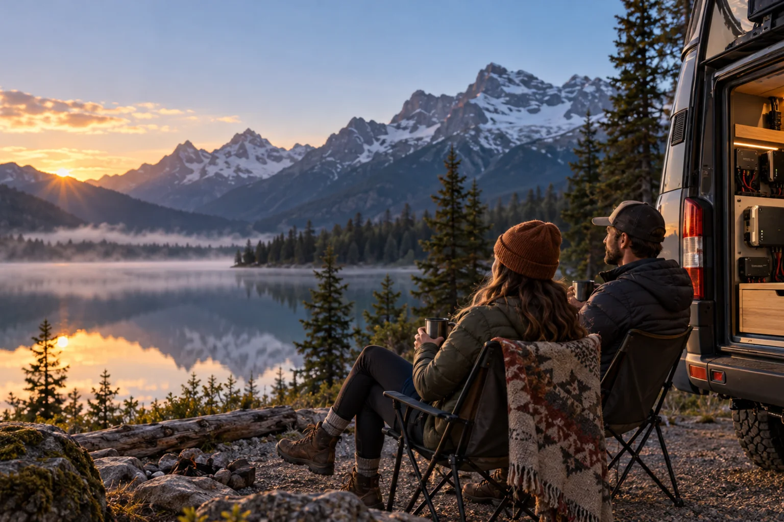 A couple enjoys sunrise beside their van and its integrated installation