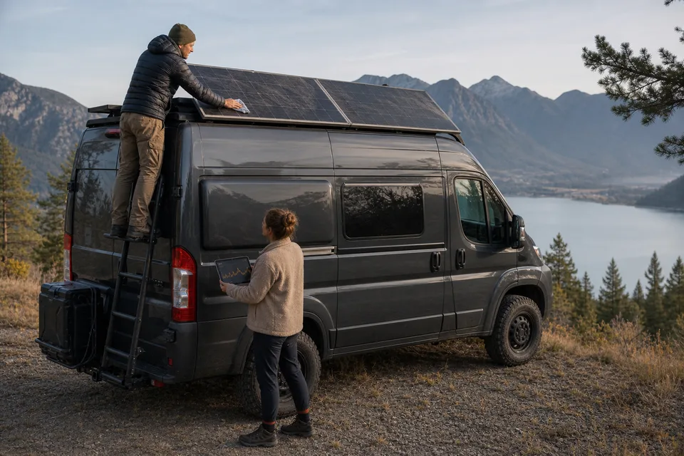 A couple checks their van’s solar panels after reviewing charging data on a tablet