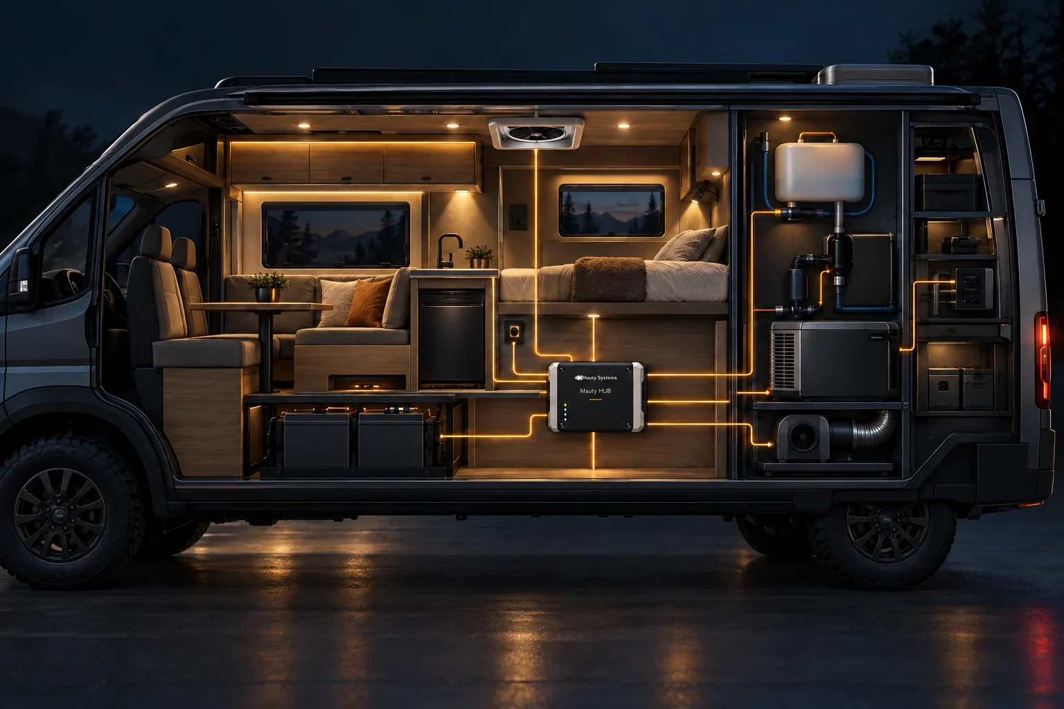 Cutaway camper van with Mauty connecting the lighting, refrigerator, ventilation, water pump and energy system
