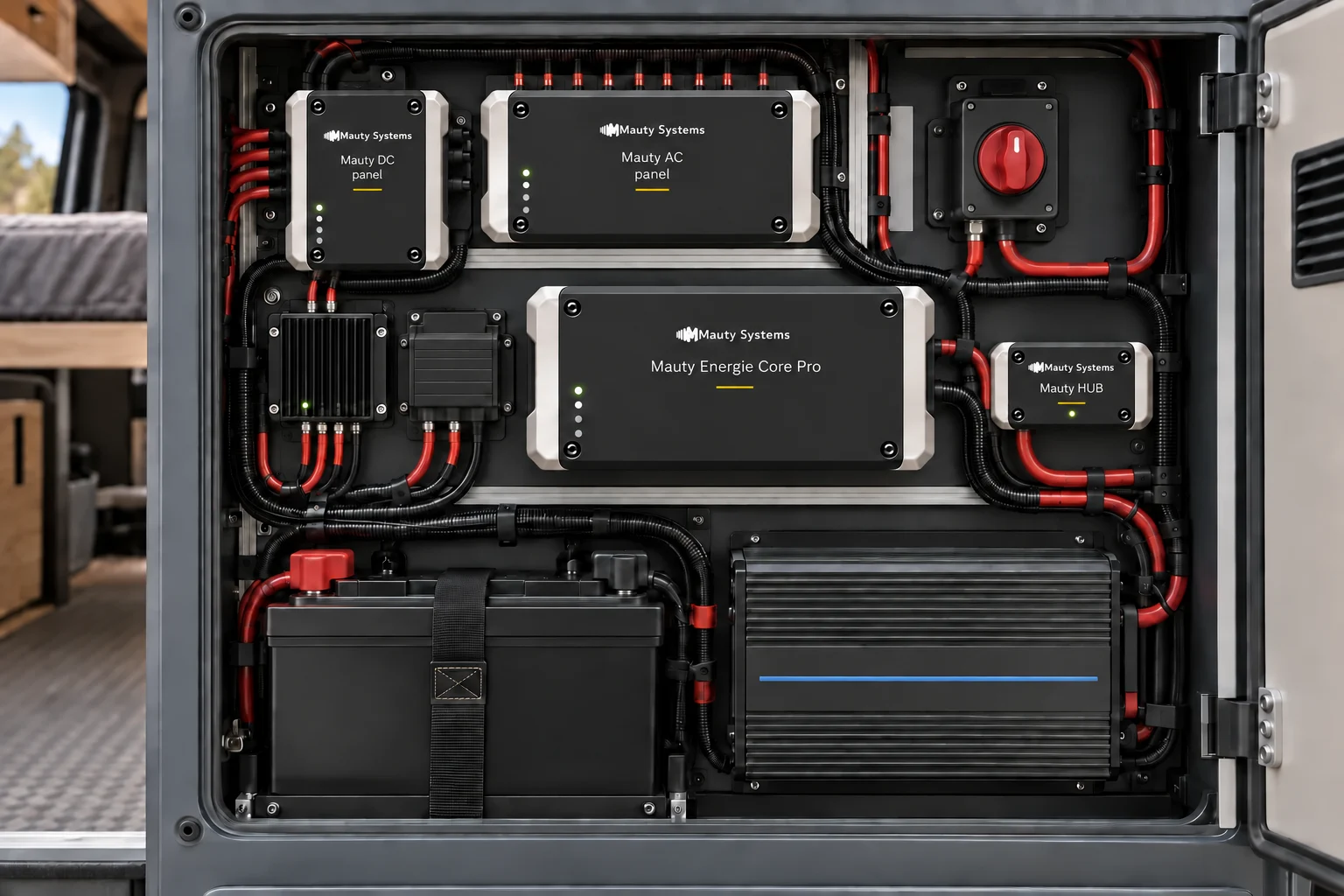 Professional electrical compartment with Mauty integrated alongside conventional equipment