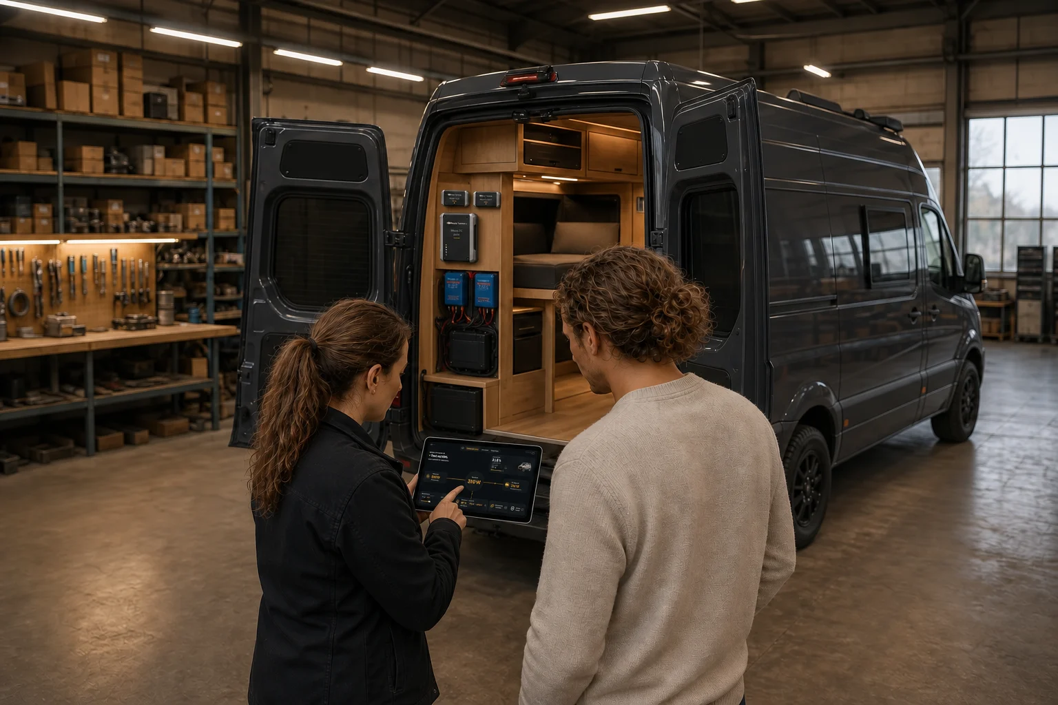 A female installer presents the Mauty installation to her customer beside a van in the workshop