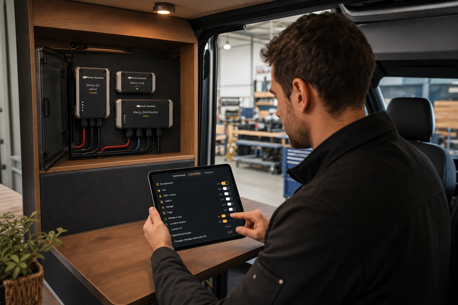 An installer presents an organized Mauty installation to an owner in the workshop