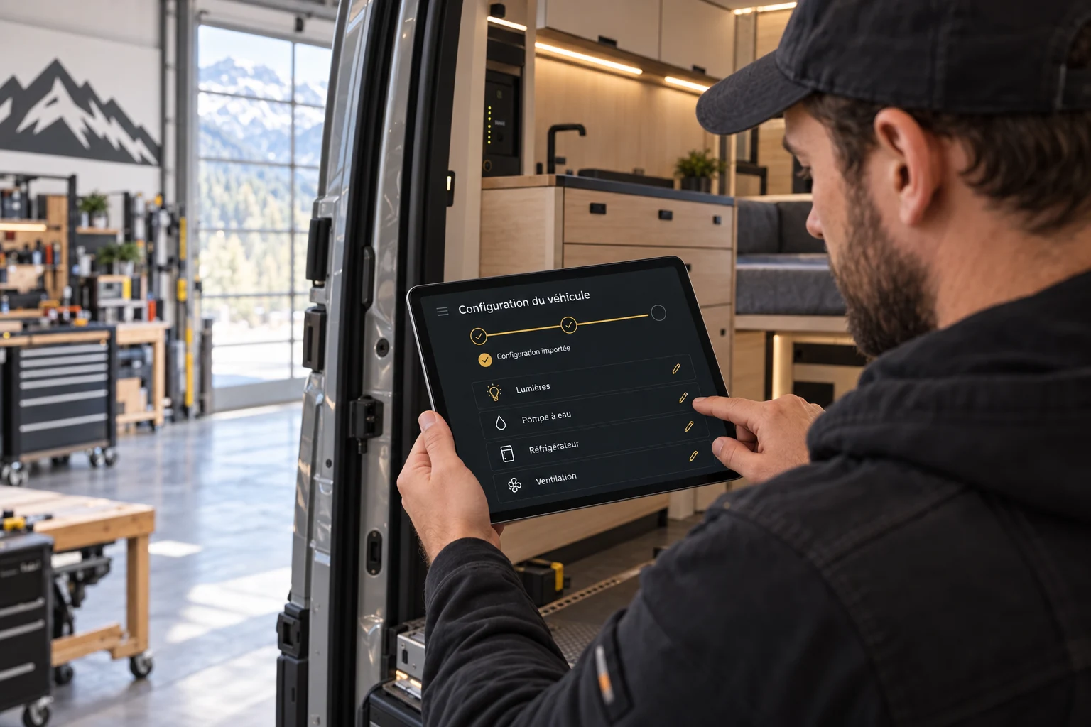 Installer importing a Mauty configuration into a van and reviewing the Lights, Water pump, Refrigerator and Ventilation circuit names