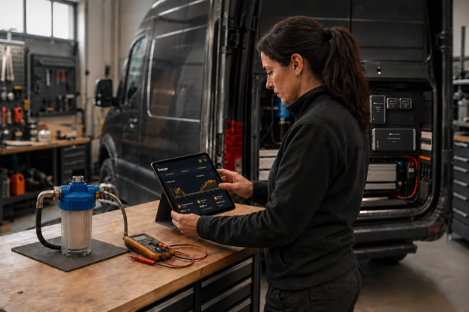 A female technician reviews Mauty energy diagnostics during a workshop inspection