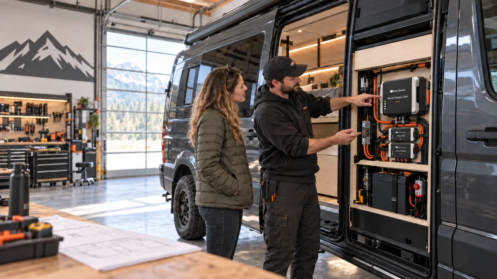 A professional checks the Mauty panel installed at the rear of a converted van inside a workshop