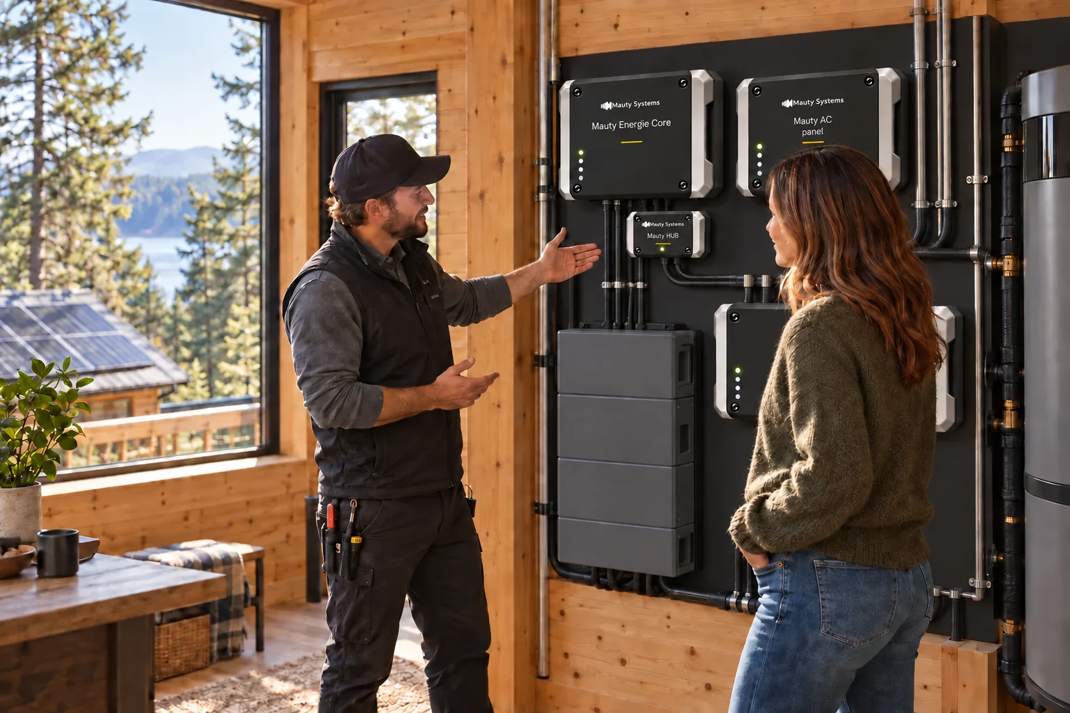 A professional inspects the utility wall of an autonomous tiny house