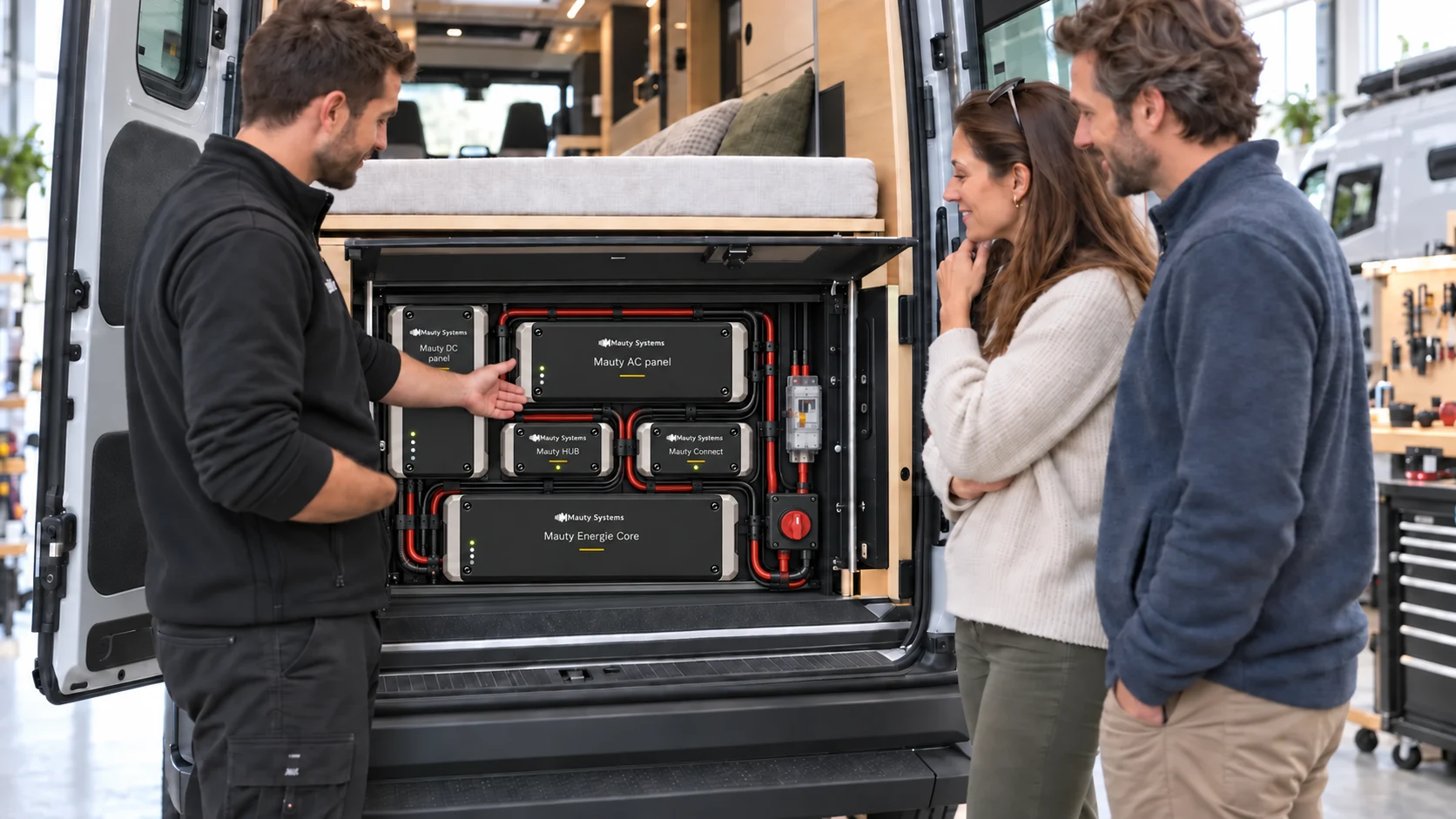 An installer presents van owners with an installation combining the Mauty DC Panel, AC Panel, Hub, Connect and Energy Core modules