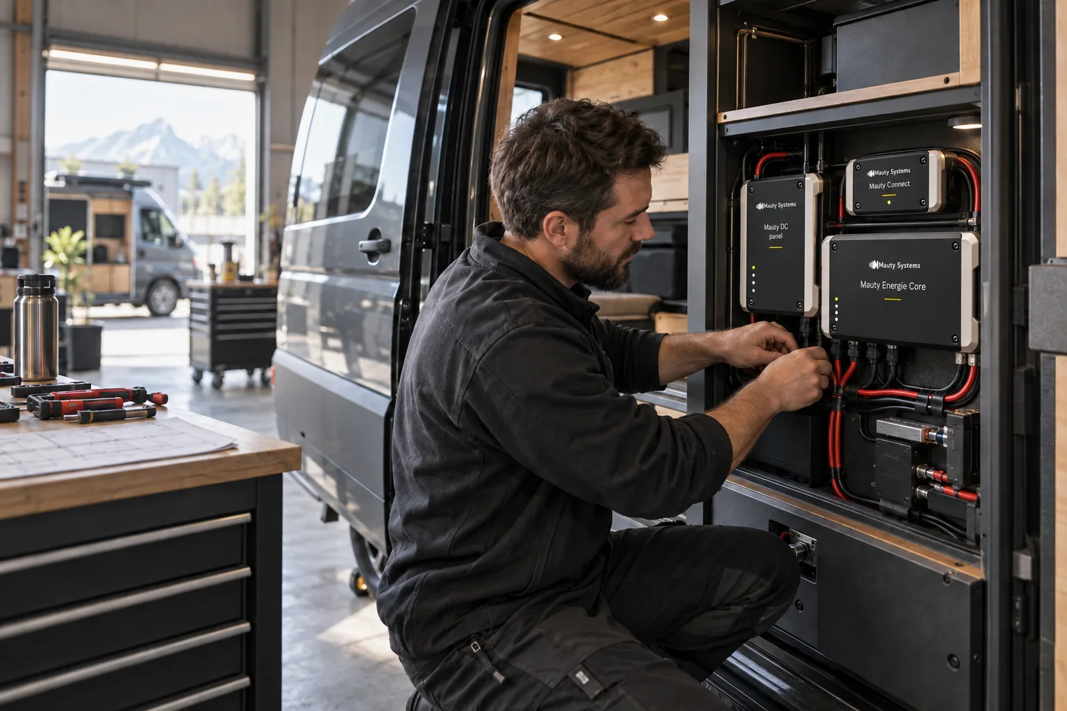 Installer working with Mauty-family modules inside an organized camper van electrical compartment