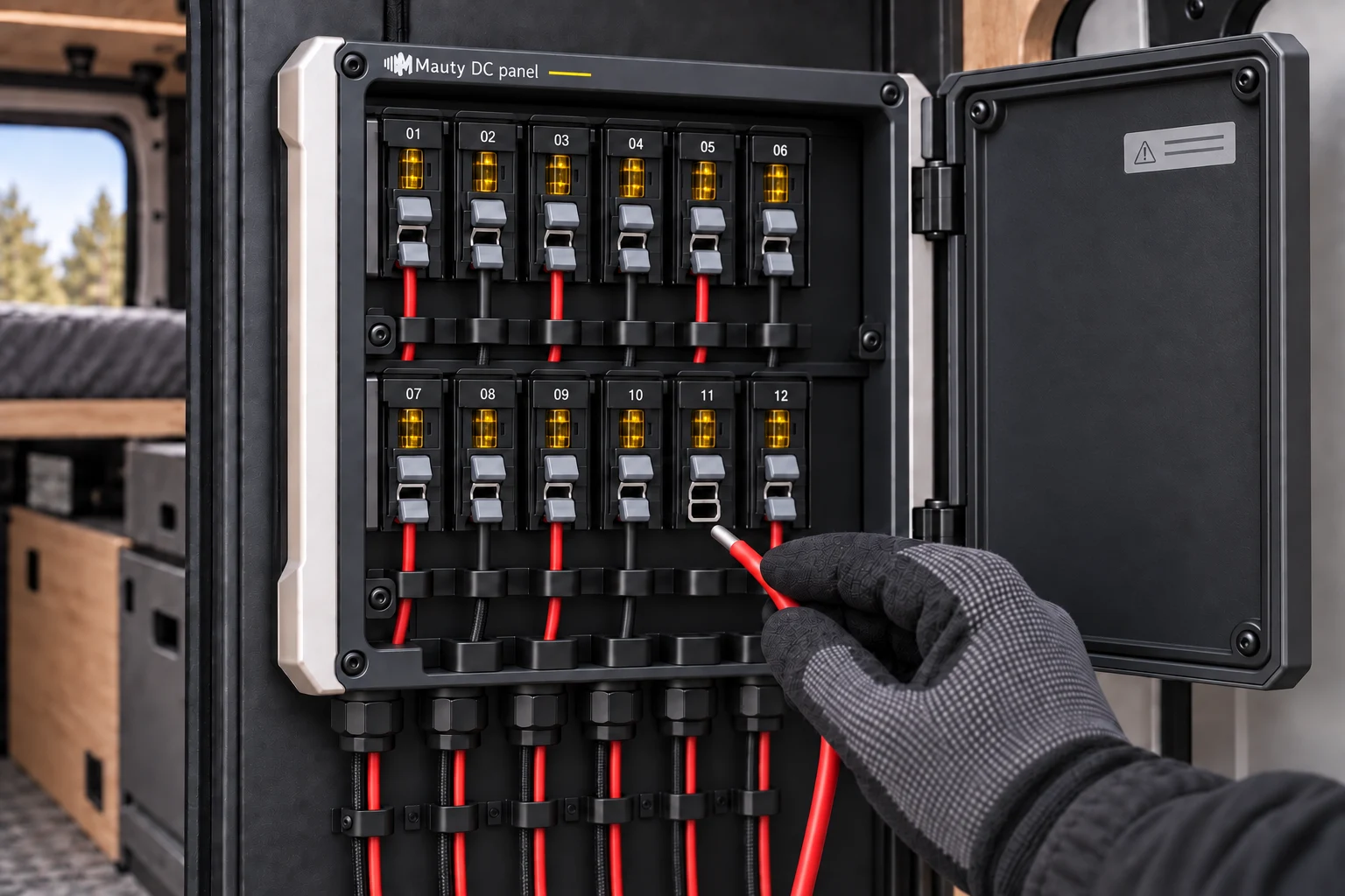 Open Mauty DC Panel with a cable held in front of an available connection