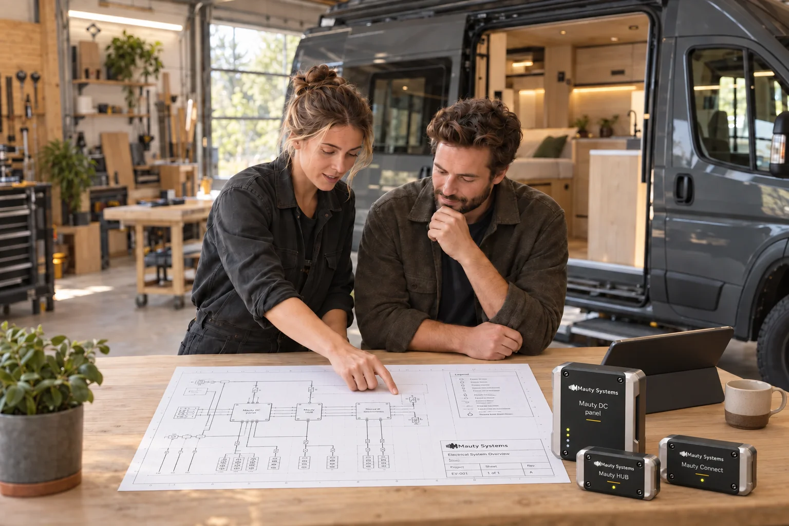 An installer and a van owner review a professional electrical plan, with Mauty DC Panel, Hub and Connect enclosures on the workbench.